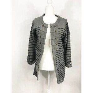 Debbie Morgan gray stripped military cardigan open front knit sweater sz Medium